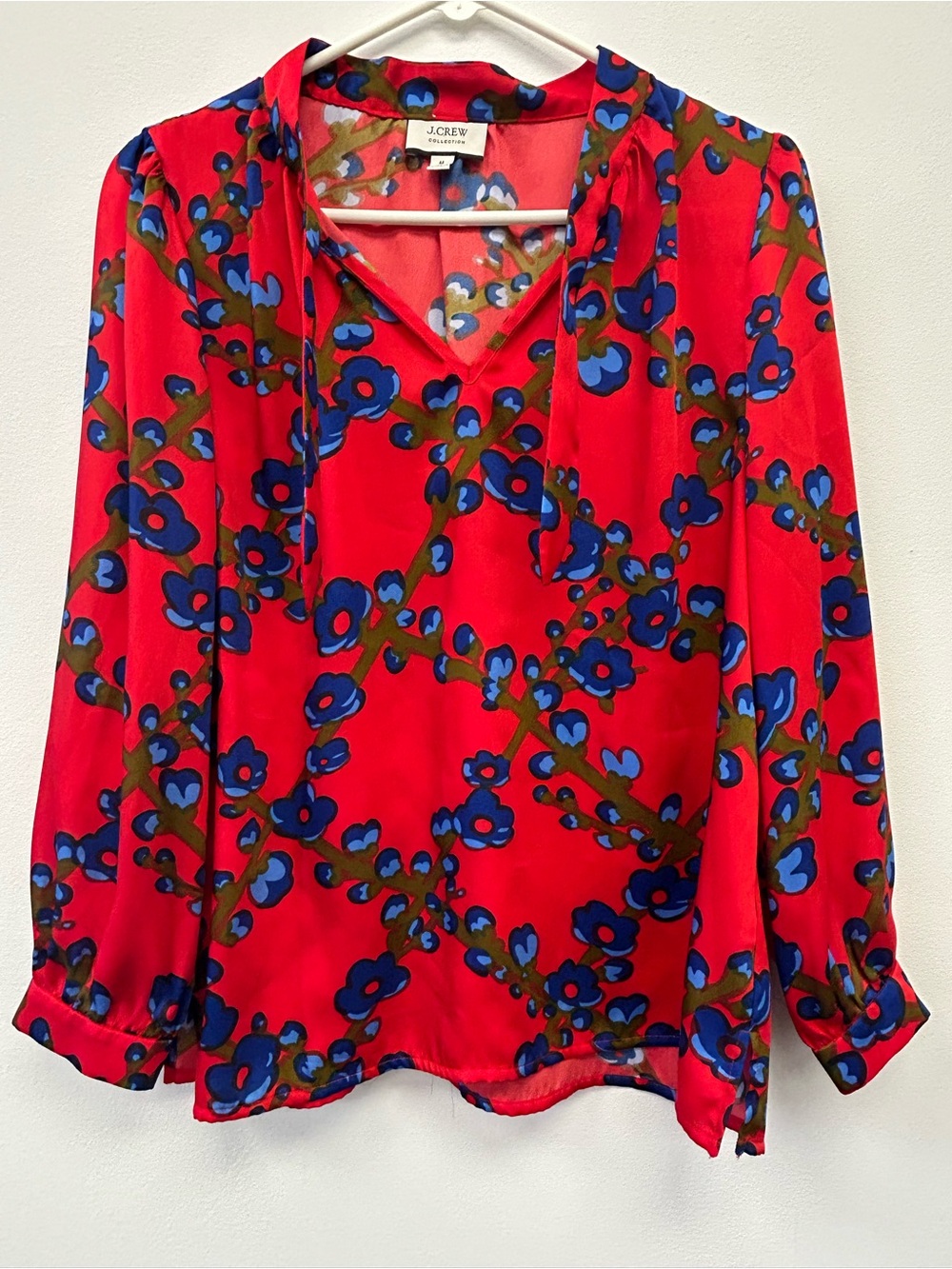 J. Crew Red Floral V-Neck Tie-Front Blouse with Blue Flowers NWOT